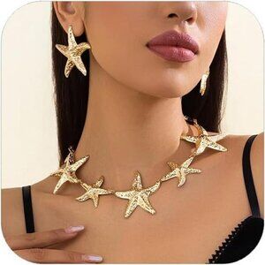 Gold Starfish Statement Necklace and Earrings Set – Bold Beach-Inspired Jewelry